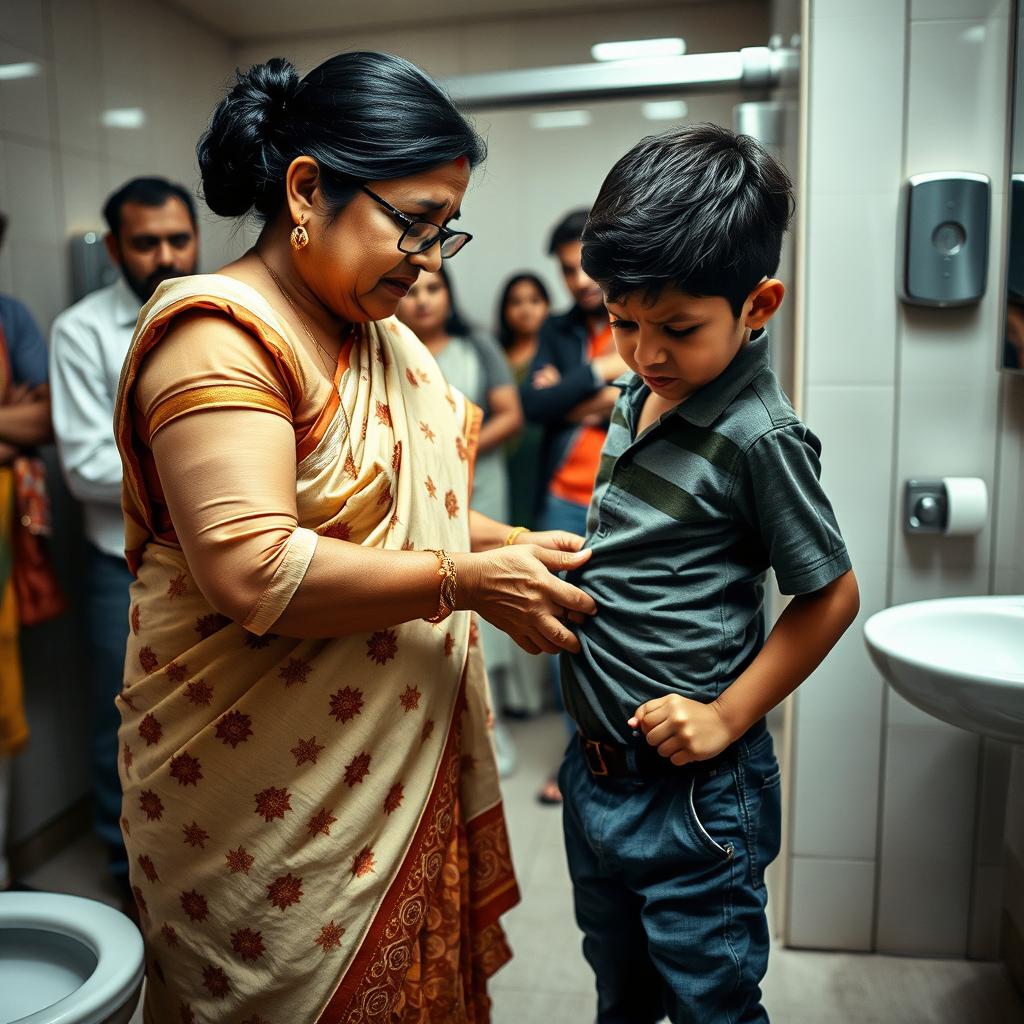 A distressing scene in a public restroom where an Indian mother is assisting her young son, who has just emerged from a men's toilet