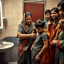 A distressing scene in a public restroom where an Indian mother is assisting her young son, who has just emerged from a men's toilet