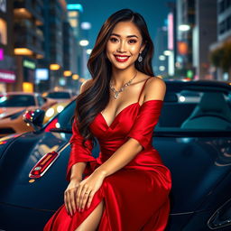 A stunning Asian woman seated gracefully on the hood of a luxury sports car