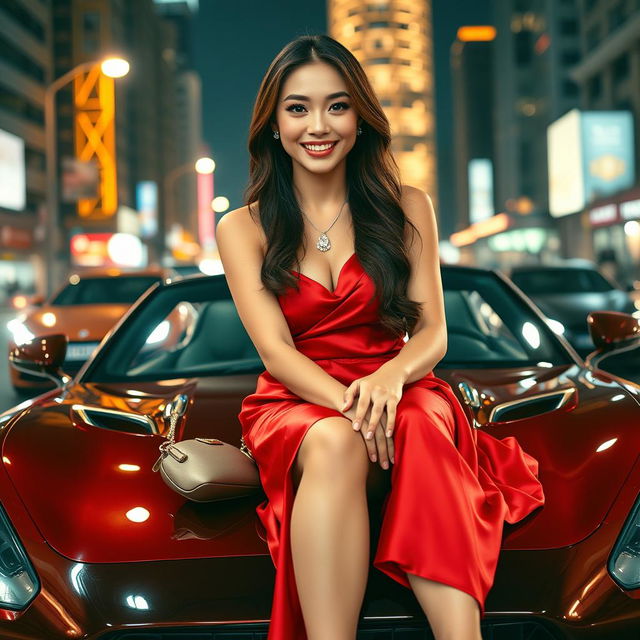 A stunning Asian woman seated gracefully on the hood of a luxury sports car