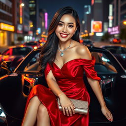 A stunning Asian woman seated gracefully on the hood of a luxury sports car