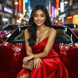 A stunning Asian woman seated gracefully on the hood of a luxury sports car