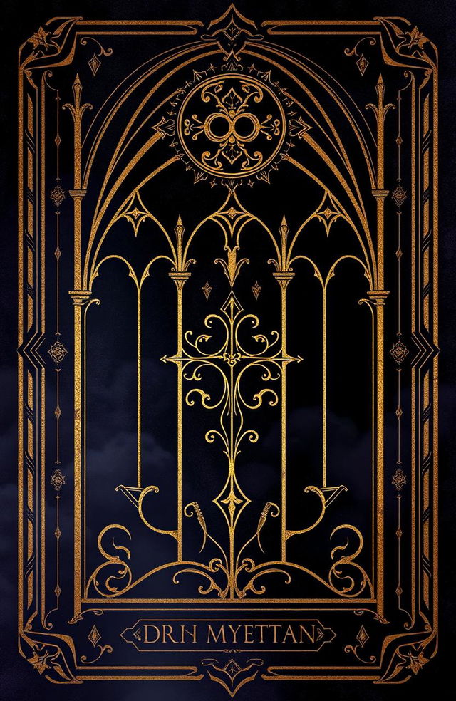 A dark medieval tarot card design featuring intricate gold markings