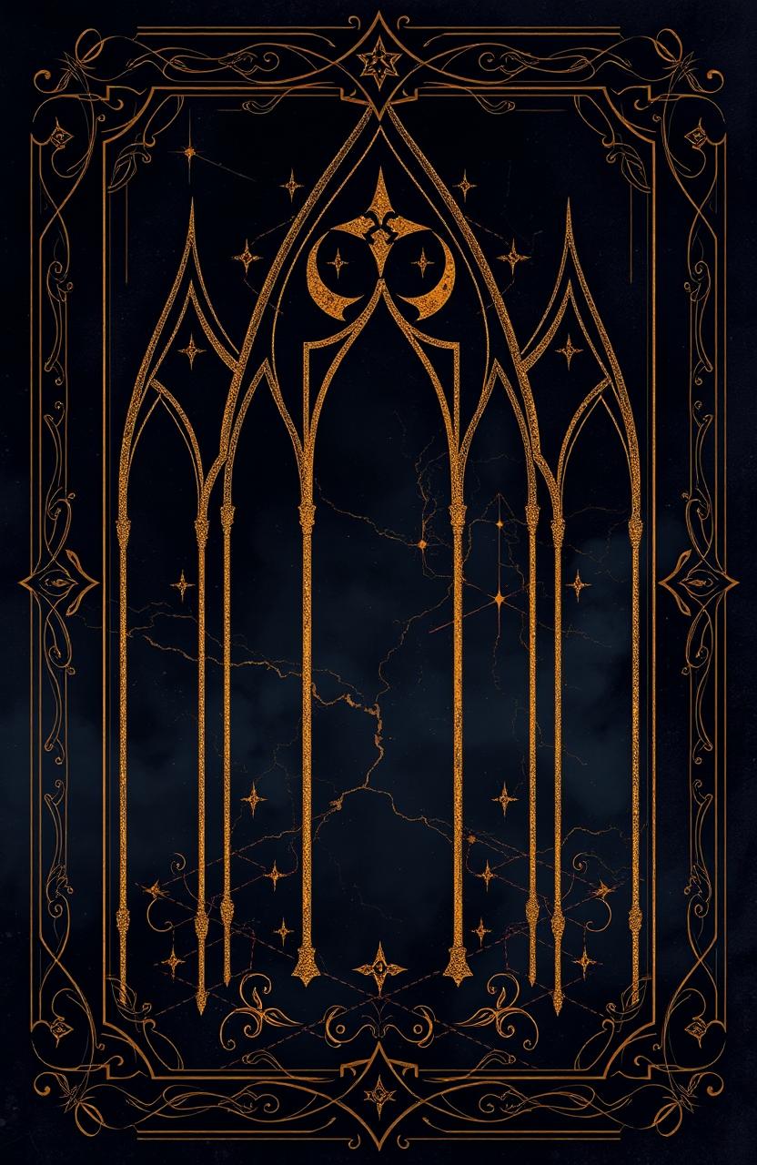 A dark medieval tarot card design featuring intricate gold markings