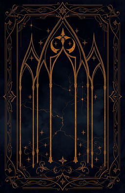 A dark medieval tarot card design featuring intricate gold markings