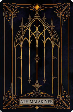 A dark medieval tarot card design featuring intricate gold markings