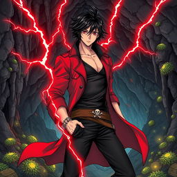 An intricate manga-style illustration of a male pirate character set in a detailed cave environment