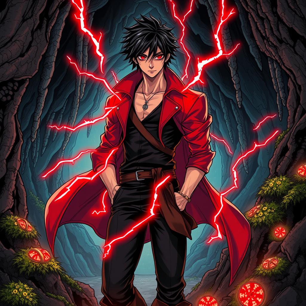 An intricate manga-style illustration of a male pirate character set in a detailed cave environment