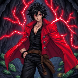An intricate manga-style illustration of a male pirate character set in a detailed cave environment