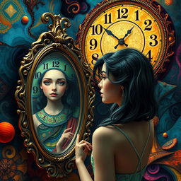 A beautiful, stunning girl with enchanting features stands in a psychedelic world inspired by Salvador Dali