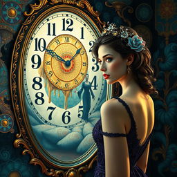 A beautiful, stunning girl with enchanting features stands in a psychedelic world inspired by Salvador Dali