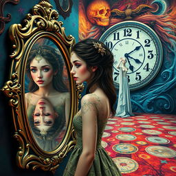A beautiful, stunning girl with enchanting features stands in a psychedelic world inspired by Salvador Dali