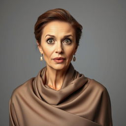 A beautiful 40-year-old woman dressed in a stylish and elegant outfit that completely covers her, exuding grace and sophistication