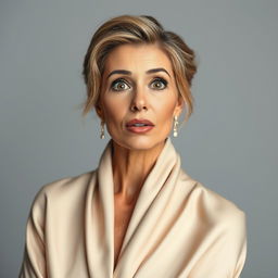 A beautiful 40-year-old woman dressed in a stylish and elegant outfit that completely covers her, exuding grace and sophistication
