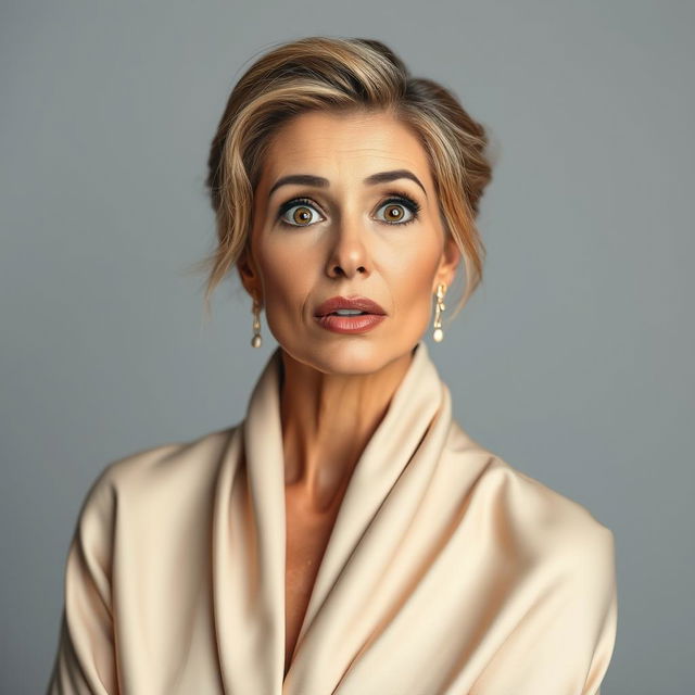 A beautiful 40-year-old woman dressed in a stylish and elegant outfit that completely covers her, exuding grace and sophistication