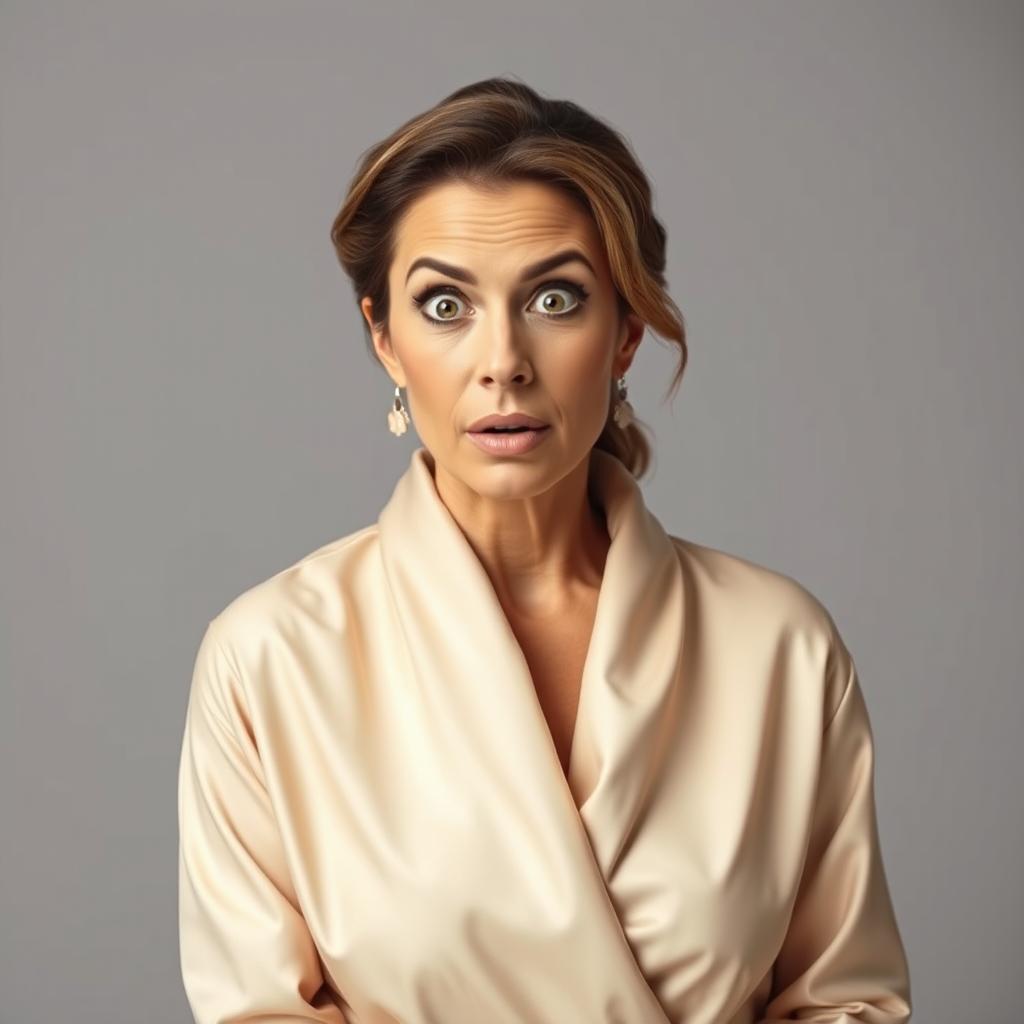 A beautiful 40-year-old woman dressed in a stylish and elegant outfit that completely covers her, exuding grace and sophistication