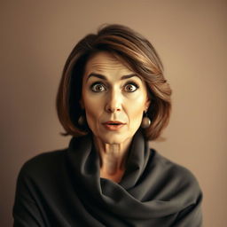 A beautiful 40-year-old woman dressed in a stylish and elegant outfit that completely covers her, exuding grace and sophistication
