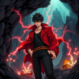 A captivating manga-style illustration of a male pirate, set in a richly detailed cave environment