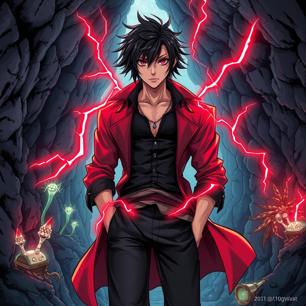 A captivating manga-style illustration of a male pirate, set in a richly detailed cave environment