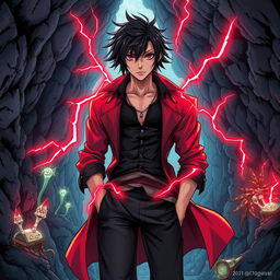 A captivating manga-style illustration of a male pirate, set in a richly detailed cave environment