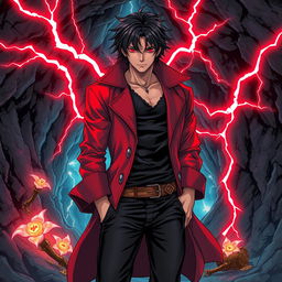 A captivating manga-style illustration of a male pirate, set in a richly detailed cave environment