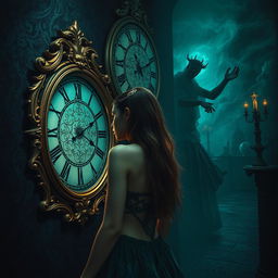A beautiful, stunning girl with enchanting features stands in a dark, psychedelic world inspired by Salvador Dali's surrealistic style