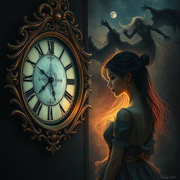 A beautiful, stunning girl with enchanting features stands in a dark, psychedelic world inspired by Salvador Dali's surrealistic style