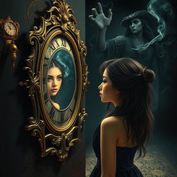 A beautiful, stunning girl with enchanting features stands in a dark, psychedelic world inspired by Salvador Dali's surrealistic style