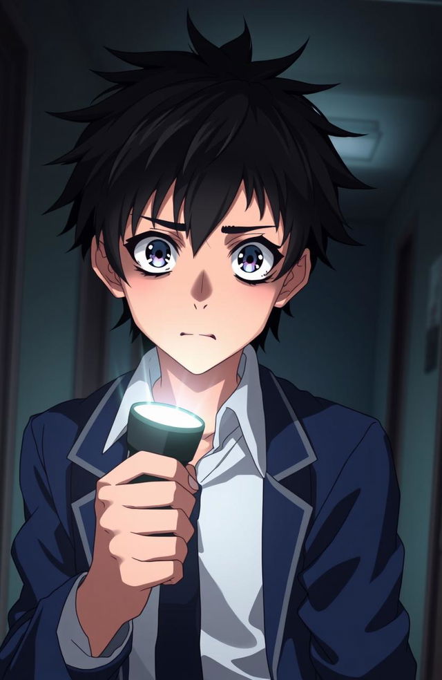 A high school anime boy with striking features and expressive eyes looks directly at the viewer with a scared expression