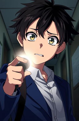 A high school anime boy with striking features and expressive eyes looks directly at the viewer with a scared expression