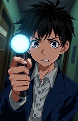 A high school anime boy with striking features and expressive eyes looks directly at the viewer with a scared expression