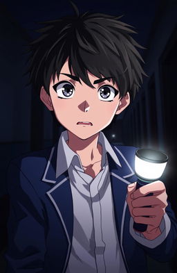 A high school anime boy with striking features and expressive eyes looks directly at the viewer with a scared expression