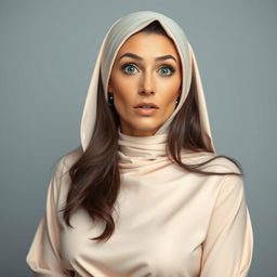 A beautiful 40-year-old woman dressed in a sexy yet completely modest outfit that covers her adequately