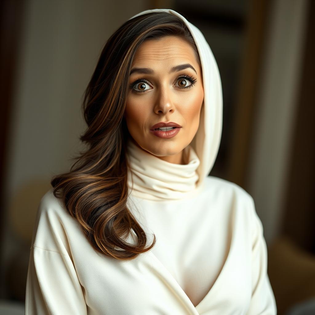A beautiful 40-year-old woman dressed in a sexy yet completely modest outfit that covers her adequately