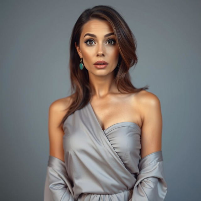 A beautiful 40-year-old woman dressed in a sexy yet completely modest outfit that covers her adequately