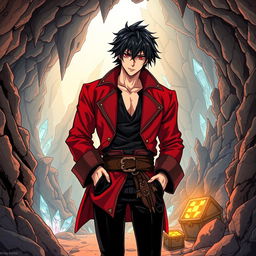 An elaborate manga-style illustration featuring a male pirate character set within a detailed cave environment