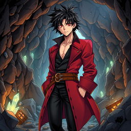 An elaborate manga-style illustration featuring a male pirate character set within a detailed cave environment