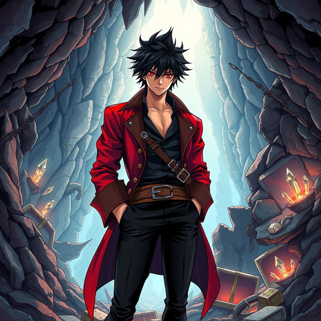 An elaborate manga-style illustration featuring a male pirate character set within a detailed cave environment