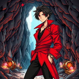 An elaborate manga-style illustration featuring a male pirate character set within a detailed cave environment