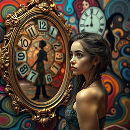 A beautiful, stunning girl with captivating features stands in a psychedelic room inspired by Salvador Dali's surreal aesthetic