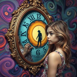 A beautiful, stunning girl with captivating features stands in a psychedelic room inspired by Salvador Dali's surreal aesthetic