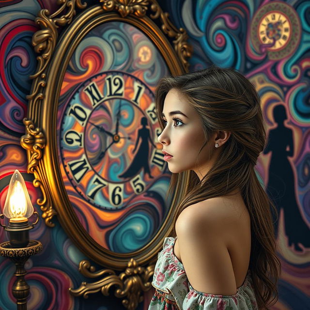 A beautiful, stunning girl with captivating features stands in a psychedelic room inspired by Salvador Dali's surreal aesthetic