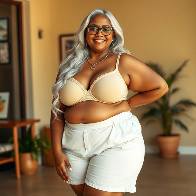 A 55-year-old dusky Indian plus-size mature woman, radiating confidence and beauty