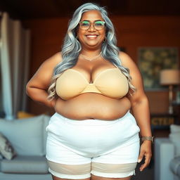 A 55-year-old dusky Indian plus-size mature woman, radiating confidence and beauty