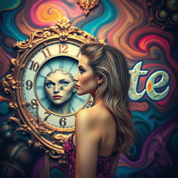 A beautiful, stunning woman with mesmerizing features stands in a psychedelic room influenced by Salvador Dali's surreal style