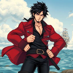 A manga-style illustration of a rugged pirate man with shaggy black hair and striking red eyes