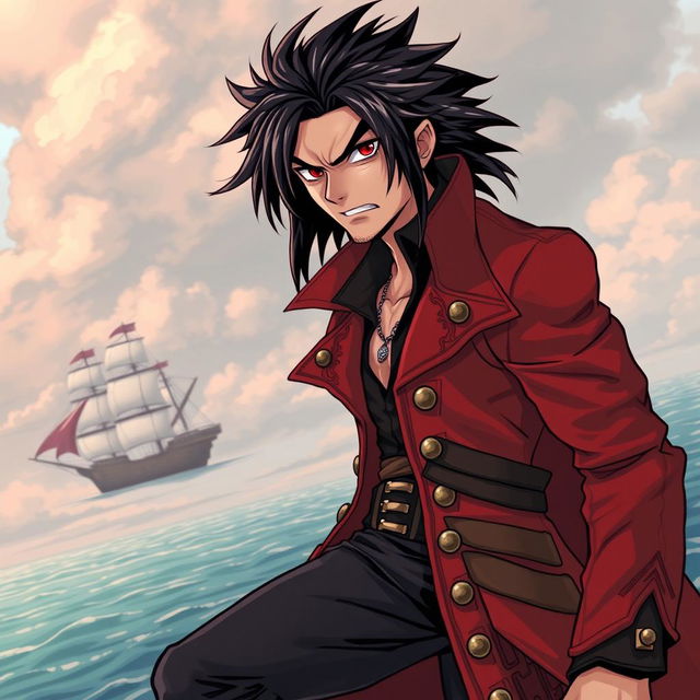 A manga-style illustration of a rugged pirate man with shaggy black hair and striking red eyes