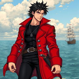 A manga-style illustration of a rugged pirate man with shaggy black hair and striking red eyes