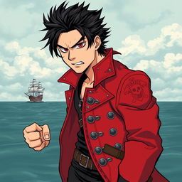 A manga-style illustration of a rugged pirate man with shaggy black hair and striking red eyes