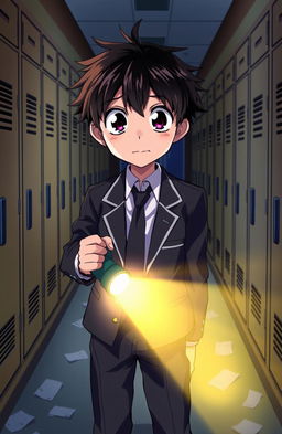 A high school anime boy with short, messy hair and large expressive eyes, standing in a dimly lit hallway, holding a flashlight